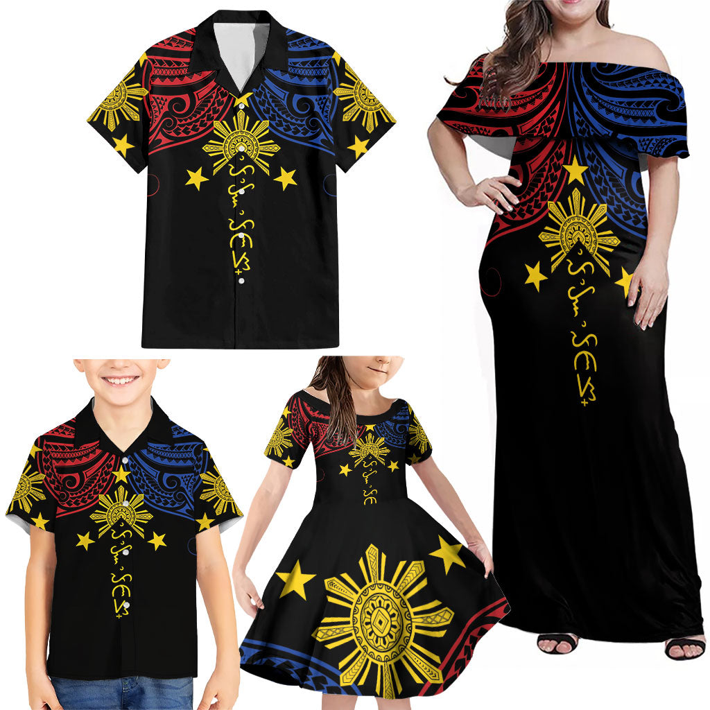 Philippines Heritage Personalized Family Matching Off Shoulder Maxi Dress and Hawaiian Shirt Baybayin Philipinas Sun