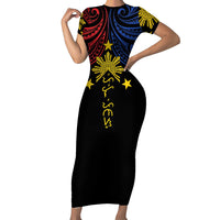 Philippines Heritage Personalized Short Sleeve Bodycon Dress Baybayin Philipinas Sun LT7 Long Dress Black - Polynesian Pride