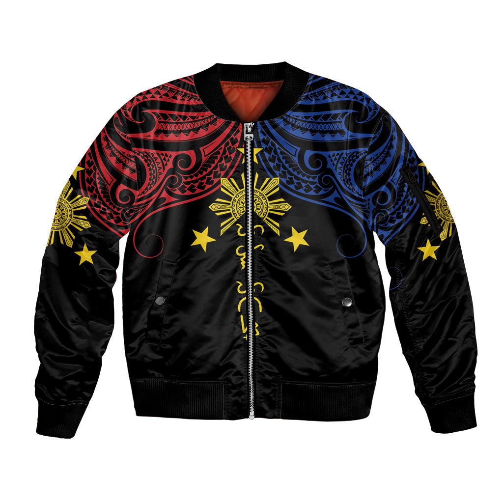 Philippines Heritage Personalized Sleeve Zip Bomber Jacket Baybayin Philipinas Sun