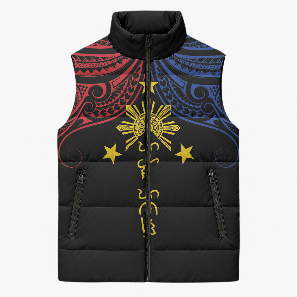 Philippines Heritage Personalized Sleeveless Puffer Jacket Baybayin Philipinas Sun LT7 Unisex Black - Polynesian Pride