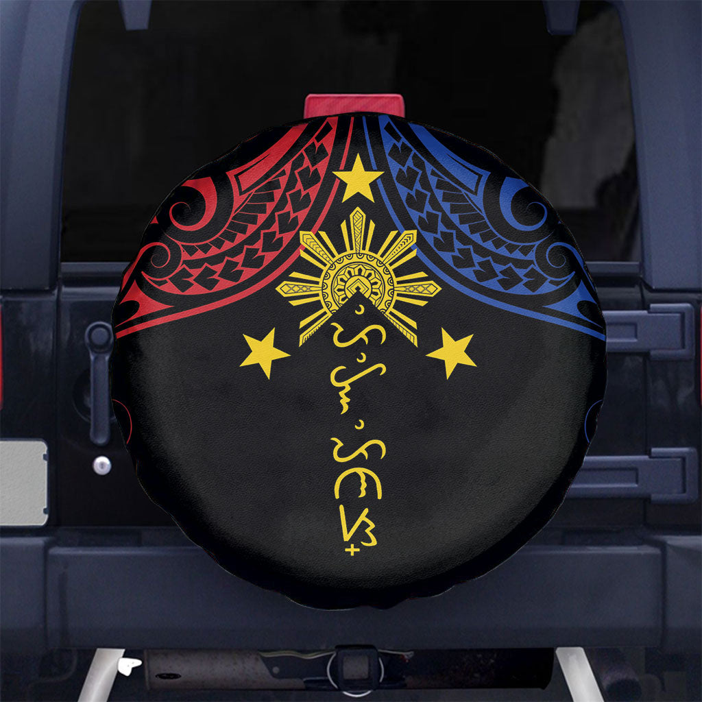 Philippines Heritage Spare Tire Cover Baybayin Philipinas Sun LT7 No hole Black - Polynesian Pride