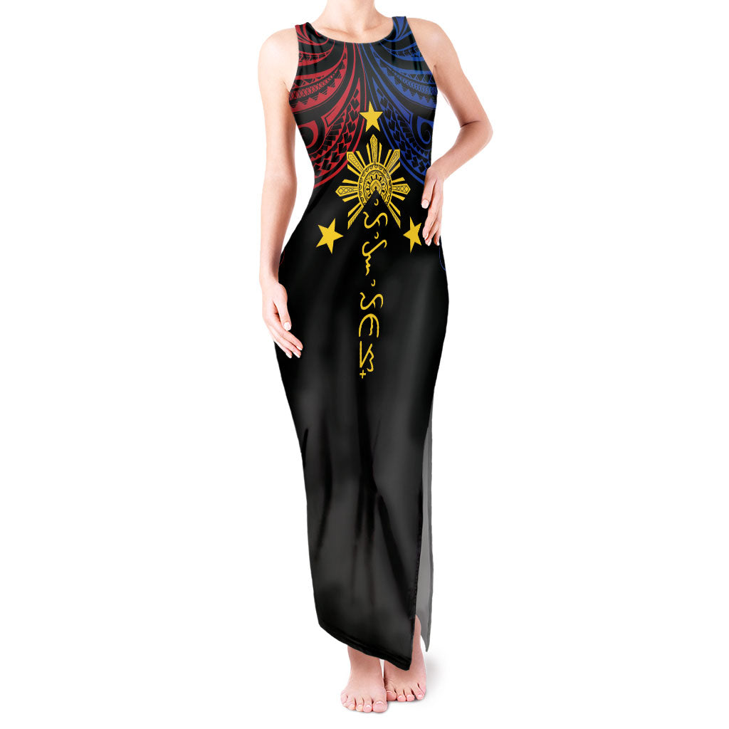 Philippines Heritage Personalized Tank Maxi Dress Baybayin Philipinas Sun LT7 Women Black - Polynesian Pride
