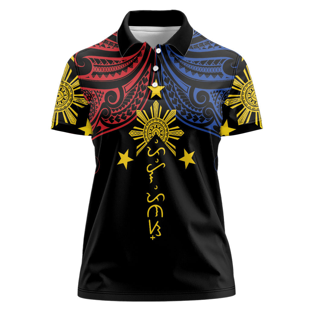 Philippines Heritage Personalized Women Polo Shirt Baybayin Philipinas Sun