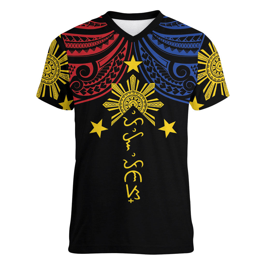 Philippines Heritage Personalized Women V-Neck T-Shirt Baybayin Philipinas Sun
