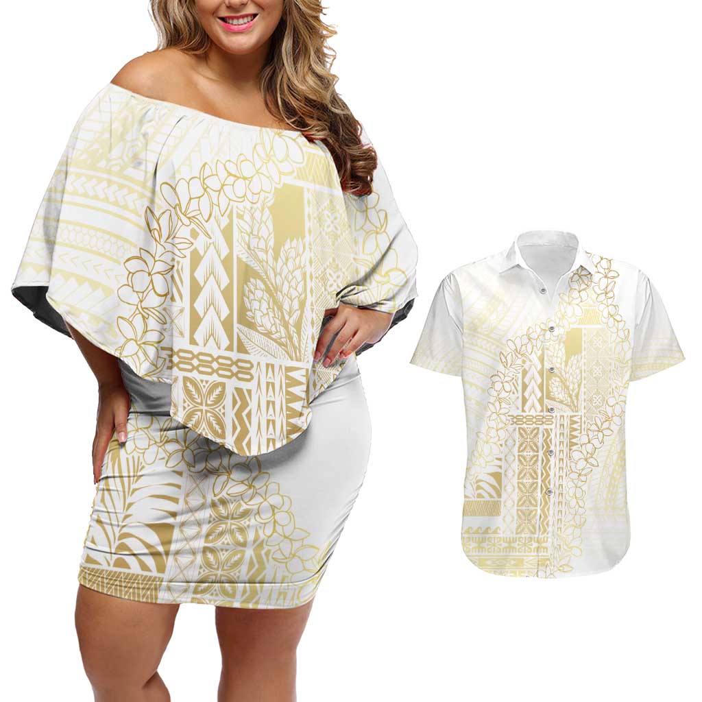 Samoa Lotu Tamaiti Mamanu Siapo Couples Matching Off Shoulder Short Dress and Hawaiian Shirt Golden Plumeria - Polynesian Pride