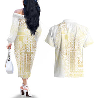 Samoa Lotu Tamaiti Mamanu Siapo Couples Matching Off The Shoulder Long Sleeve Dress and Hawaiian Shirt Golden Plumeria - Polynesian Pride