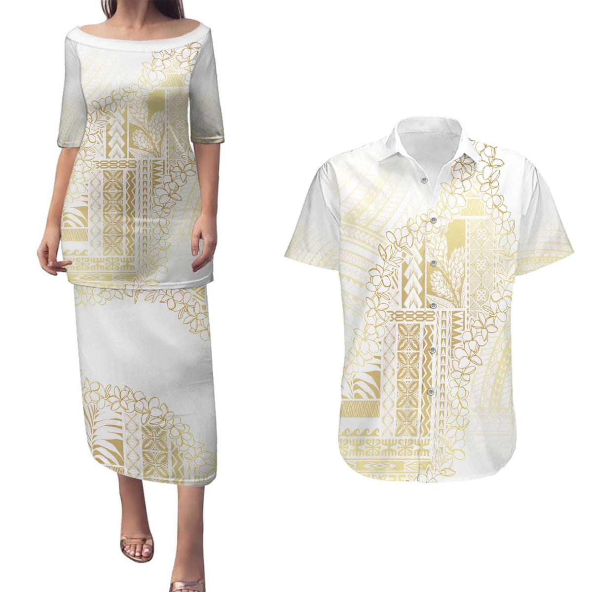 Samoa Lotu Tamaiti Mamanu Siapo Couples Matching Puletasi and Hawaiian Shirt Golden Plumeria - Polynesian Pride