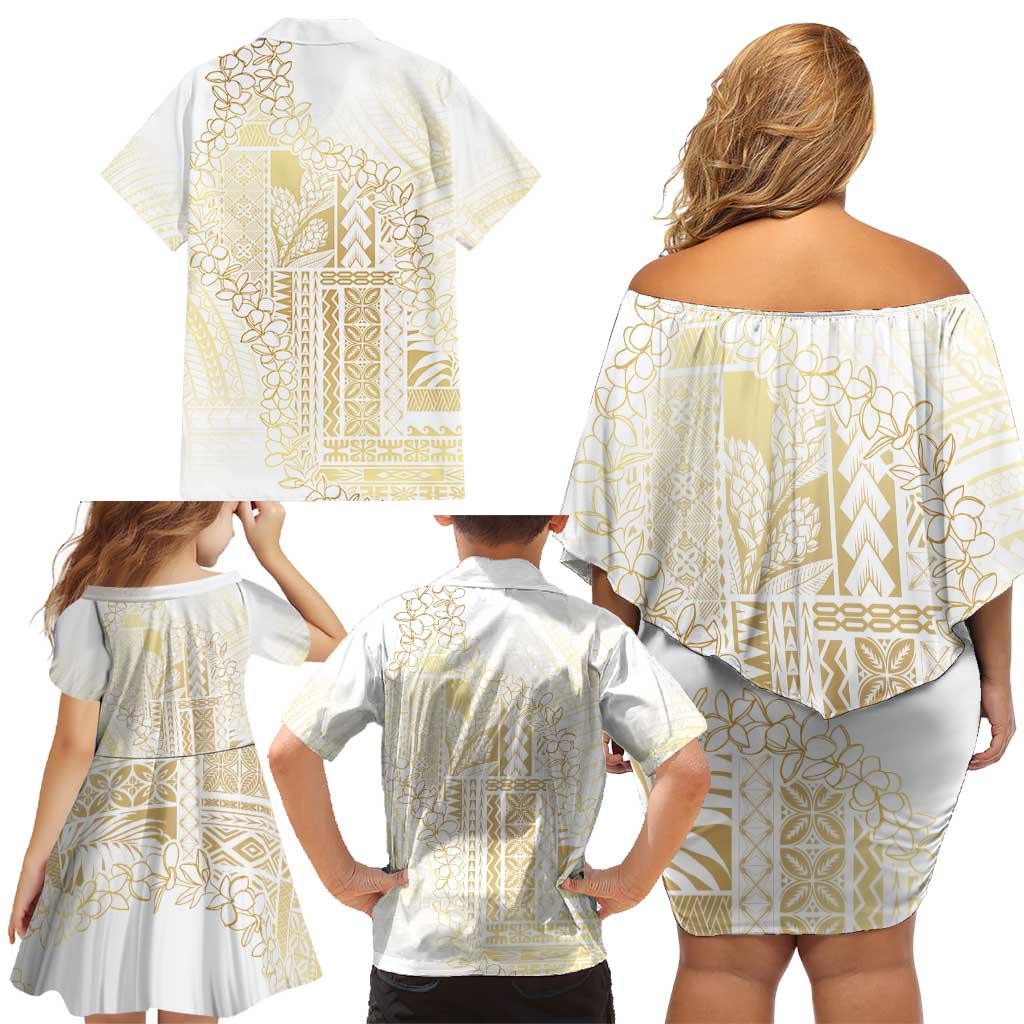 Samoa Lotu Tamaiti Mamanu Siapo Family Matching Off Shoulder Short Dress and Hawaiian Shirt Golden Plumeria - Polynesian Pride