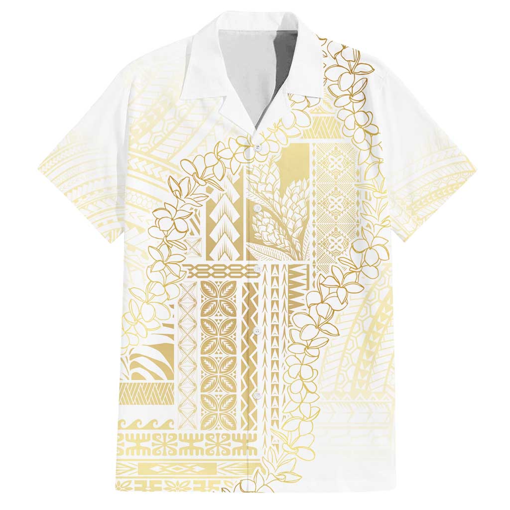 Samoa Lotu Tamaiti Mamanu Siapo Family Matching Off Shoulder Short Dress and Hawaiian Shirt Golden Plumeria - Polynesian Pride