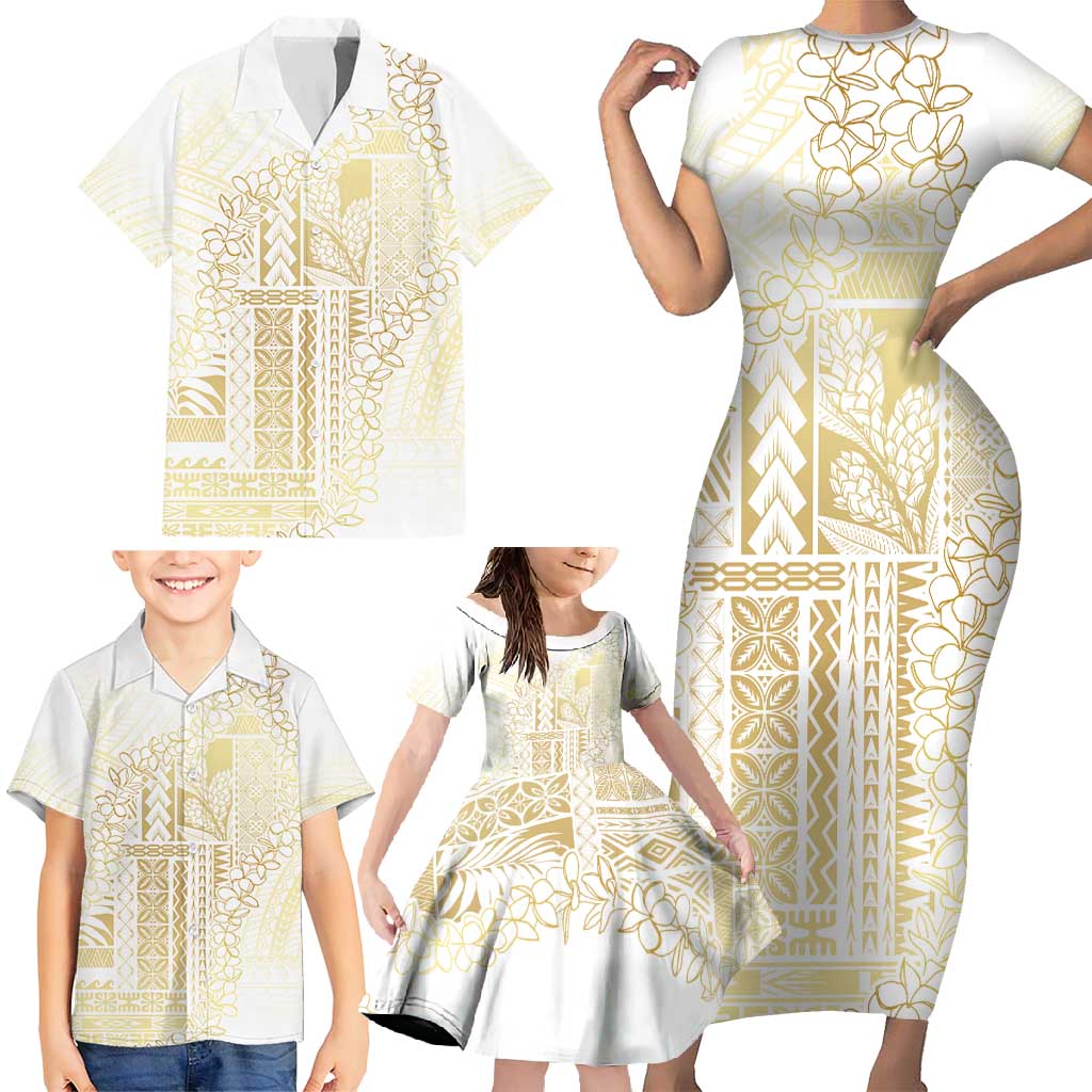 Samoa Lotu Tamaiti Mamanu Siapo Family Matching Short Sleeve Bodycon Dress and Hawaiian Shirt Golden Plumeria - Polynesian Pride