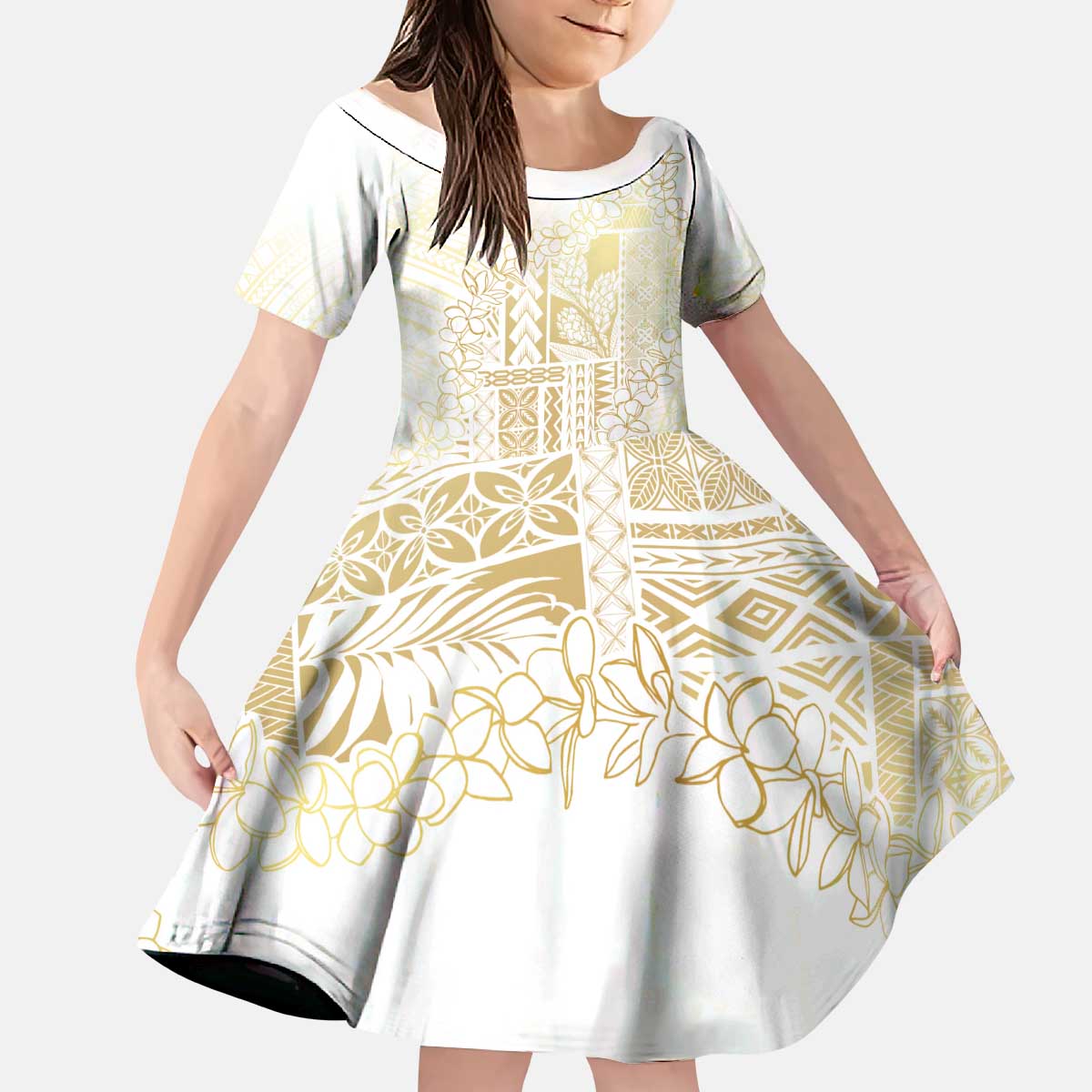 Samoa Lotu Tamaiti Mamanu Siapo Kid Short Sleeve Dress Golden Plumeria - Polynesian Pride