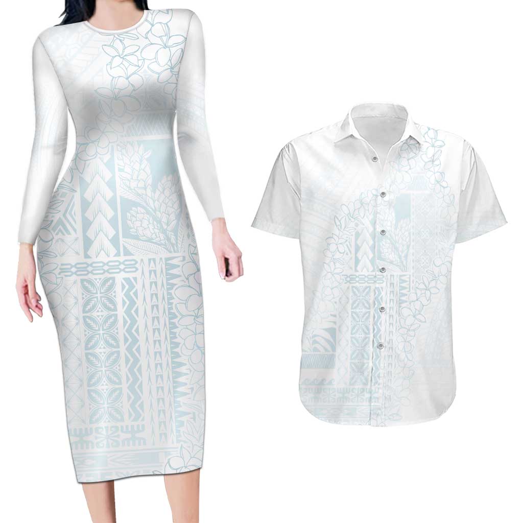 Samoa Lotu Tamaiti Mamanu Siapo Couples Matching Long Sleeve Bodycon Dress and Hawaiian Shirt Off White Plumeria - Polynesian Pride