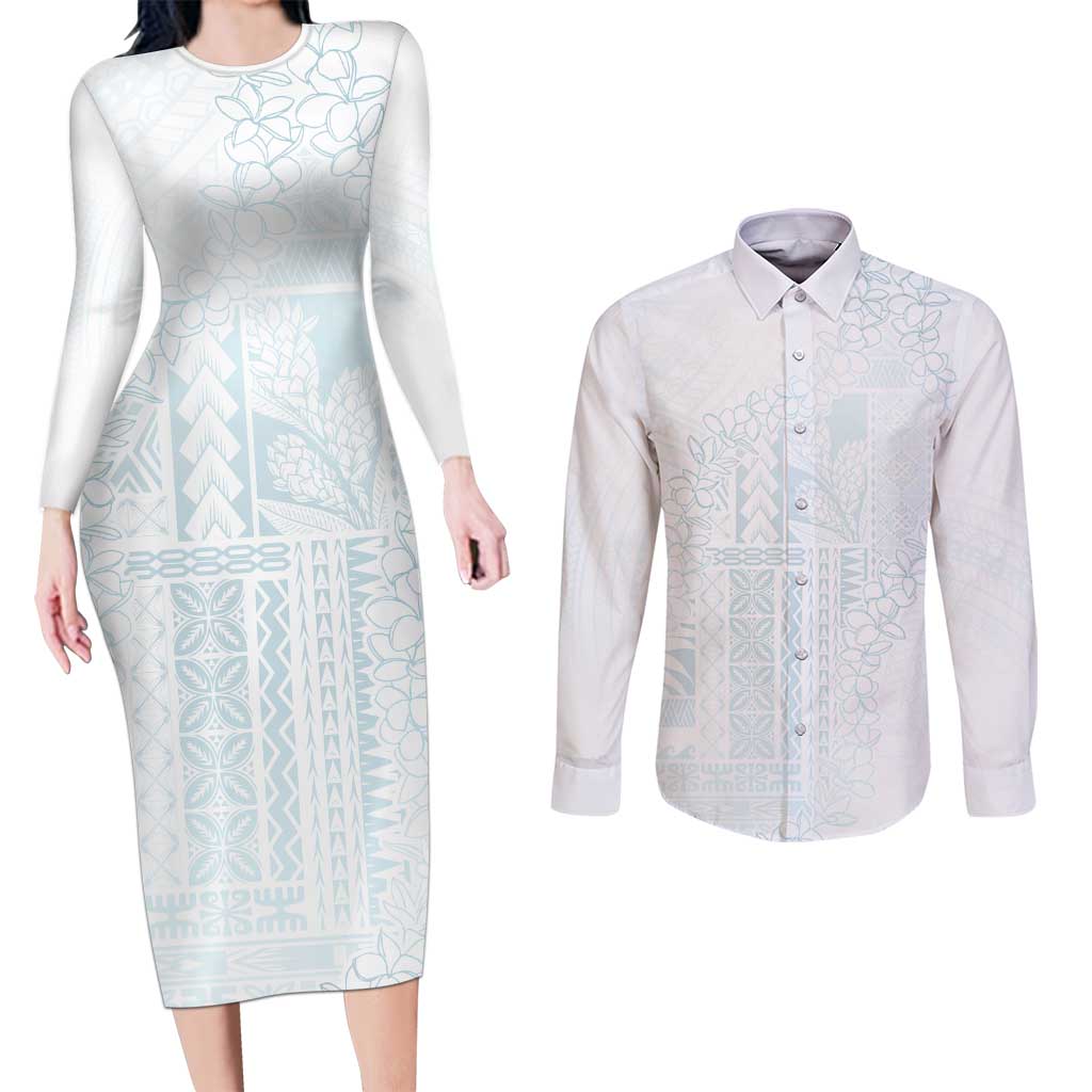 Samoa Lotu Tamaiti Mamanu Siapo Couples Matching Long Sleeve Bodycon Dress and Long Sleeve Button Shirt Off White Plumeria - Polynesian Pride