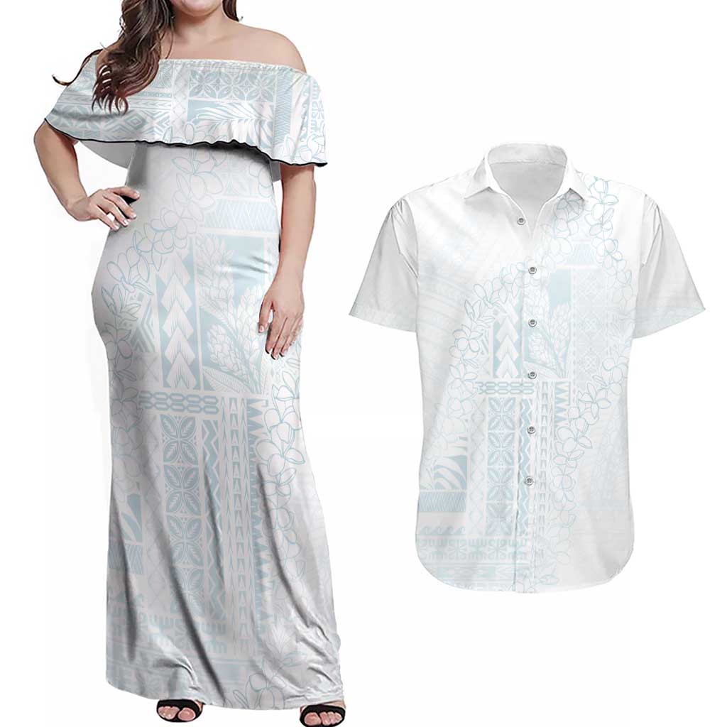 Samoa Lotu Tamaiti Mamanu Siapo Couples Matching Off Shoulder Maxi Dress and Hawaiian Shirt Off White Plumeria - Polynesian Pride