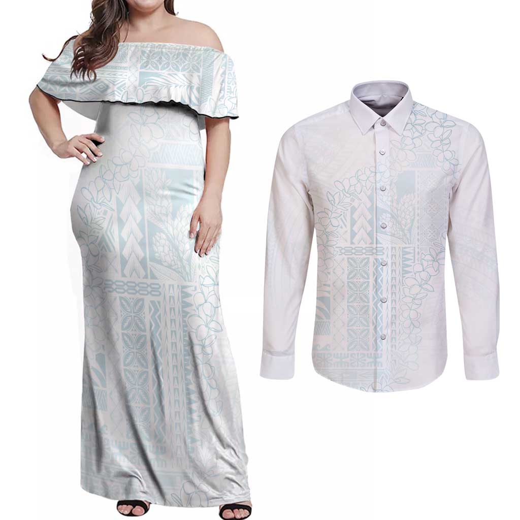Samoa Lotu Tamaiti Mamanu Siapo Couples Matching Off Shoulder Maxi Dress and Long Sleeve Button Shirt Off White Plumeria LT7 Baby Blue - Polynesian Pride