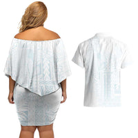 Samoa Lotu Tamaiti Mamanu Siapo Couples Matching Off Shoulder Short Dress and Hawaiian Shirt Off White Plumeria - Polynesian Pride