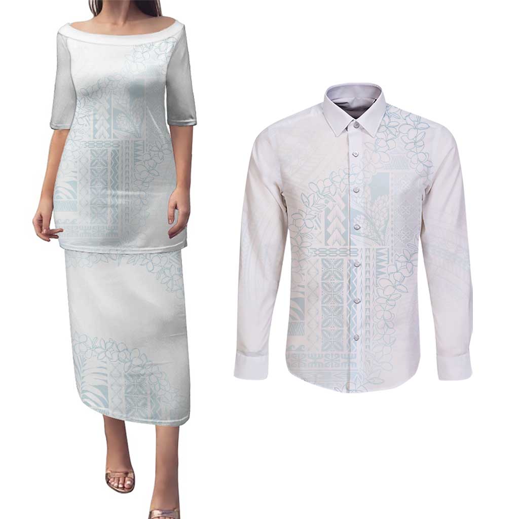Samoa Lotu Tamaiti Mamanu Siapo Couples Matching Puletasi and Long Sleeve Button Shirt Off White Plumeria - Polynesian Pride