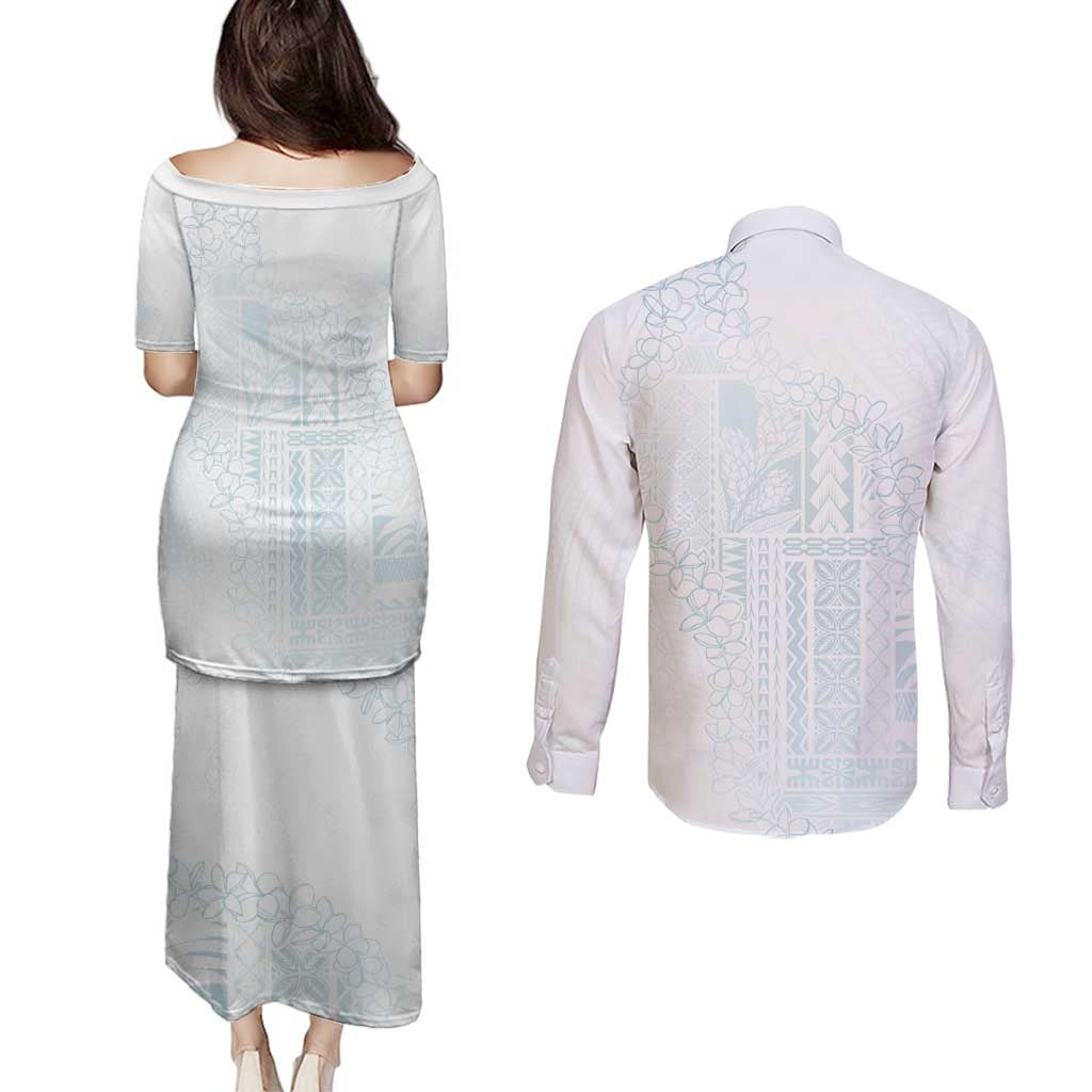 Samoa Lotu Tamaiti Mamanu Siapo Couples Matching Puletasi and Long Sleeve Button Shirt Off White Plumeria - Polynesian Pride