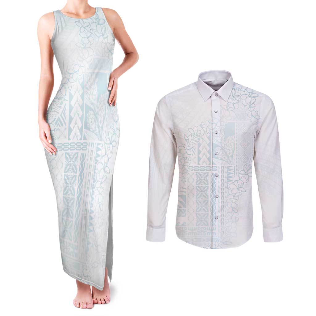 Samoa Lotu Tamaiti Mamanu Siapo Couples Matching Tank Maxi Dress and Long Sleeve Button Shirt Off White Plumeria LT7 Baby Blue - Polynesian Pride