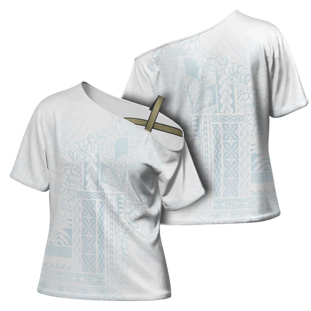 Samoa Lotu Tamaiti Mamanu Siapo Cross Shoulder Shirt Off White Plumeria - Polynesian Pride