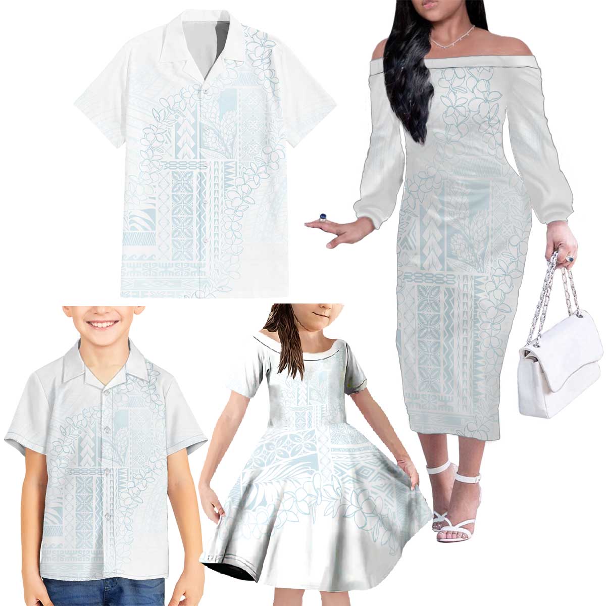 Samoa Lotu Tamaiti Mamanu Siapo Family Matching Off The Shoulder Long Sleeve Dress and Hawaiian Shirt Off White Plumeria - Polynesian Pride