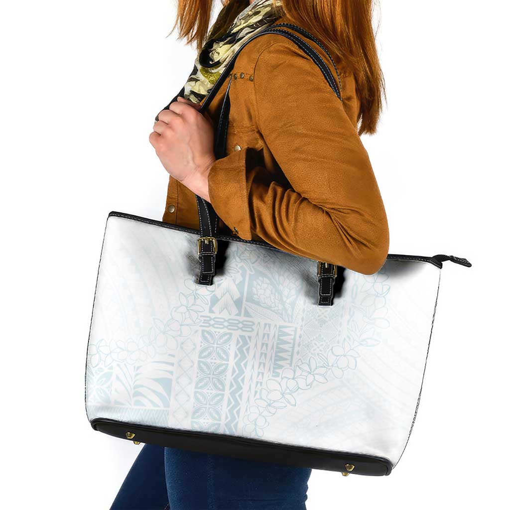 Samoa Lotu Tamaiti Mamanu Siapo Leather Tote Bag Off White Plumeria LT7 Baby Blue - Polynesian Pride