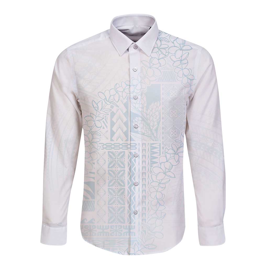 Samoa Lotu Tamaiti Mamanu Siapo Long Sleeve Button Shirt Off White Plumeria - Polynesian Pride