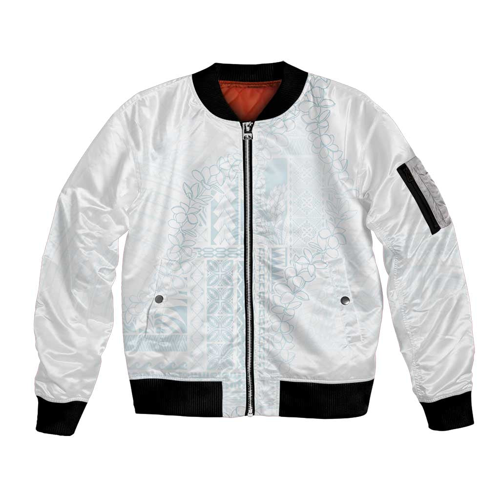 Samoa Lotu Tamaiti Mamanu Siapo Sleeve Zip Bomber Jacket Off White Plumeria LT7 Unisex Baby Blue - Polynesian Pride