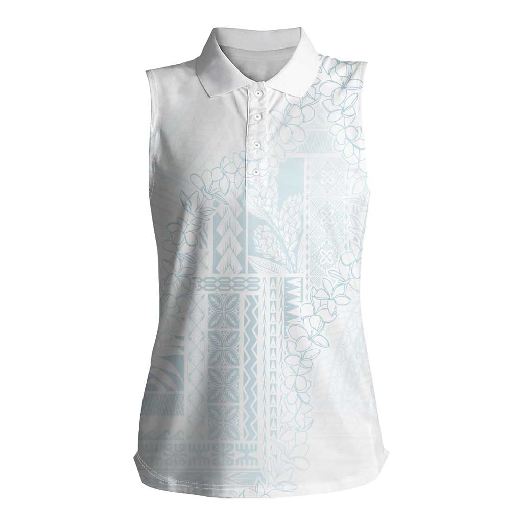 Samoa Lotu Tamaiti Mamanu Siapo Women Sleeveless Polo Shirt Off White Plumeria LT7 Female Baby Blue - Polynesian Pride