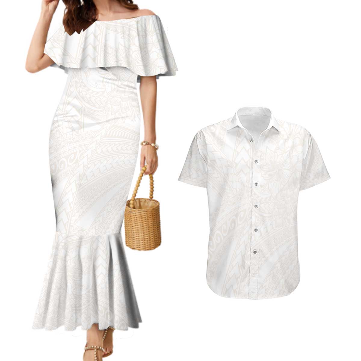 Samoa Lotu Tamaiti Ivory Couples Matching Mermaid Dress and Hawaiian Shirt Teuila Tatau - Polynesian Pride