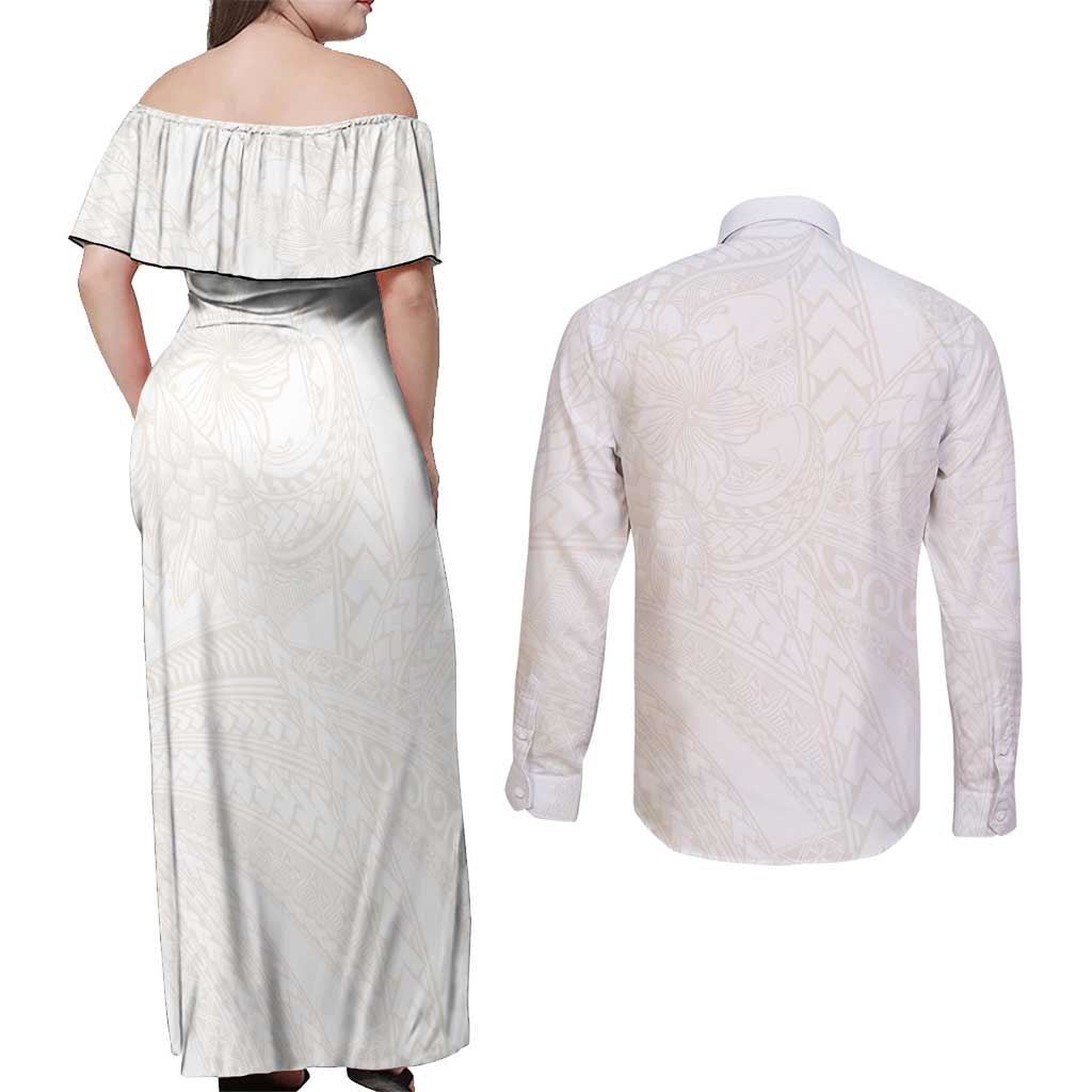 Samoa Lotu Tamaiti Ivory Couples Matching Off Shoulder Maxi Dress and Long Sleeve Button Shirt Teuila Tatau - Polynesian Pride