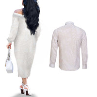 Samoa Lotu Tamaiti Ivory Couples Matching Off The Shoulder Long Sleeve Dress and Long Sleeve Button Shirt Teuila Tatau - Polynesian Pride