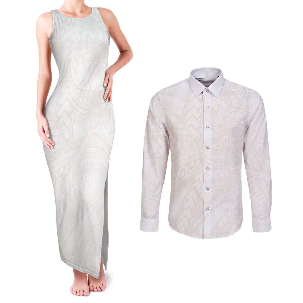 Samoa Lotu Tamaiti Ivory Couples Matching Tank Maxi Dress and Long Sleeve Button Shirt Teuila Tatau - Polynesian Pride
