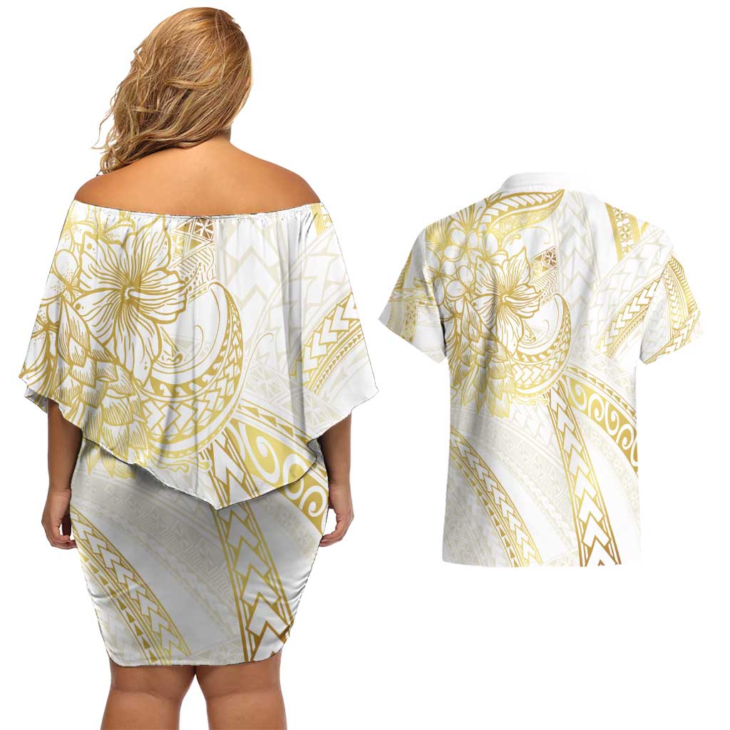 Samoa Lotu Tamaiti Gold Couples Matching Off Shoulder Short Dress and Hawaiian Shirt Teuila Tatau - Polynesian Pride