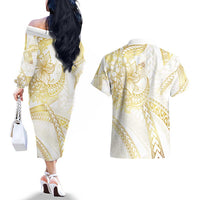 Samoa Lotu Tamaiti Gold Couples Matching Off The Shoulder Long Sleeve Dress and Hawaiian Shirt Teuila Tatau - Polynesian Pride