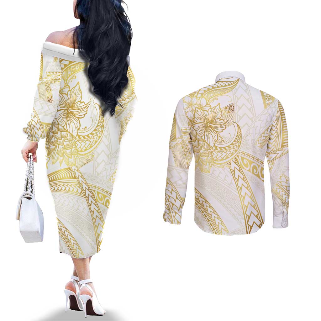 Samoa Lotu Tamaiti Gold Couples Matching Off The Shoulder Long Sleeve Dress and Long Sleeve Button Shirt Teuila Tatau - Polynesian Pride