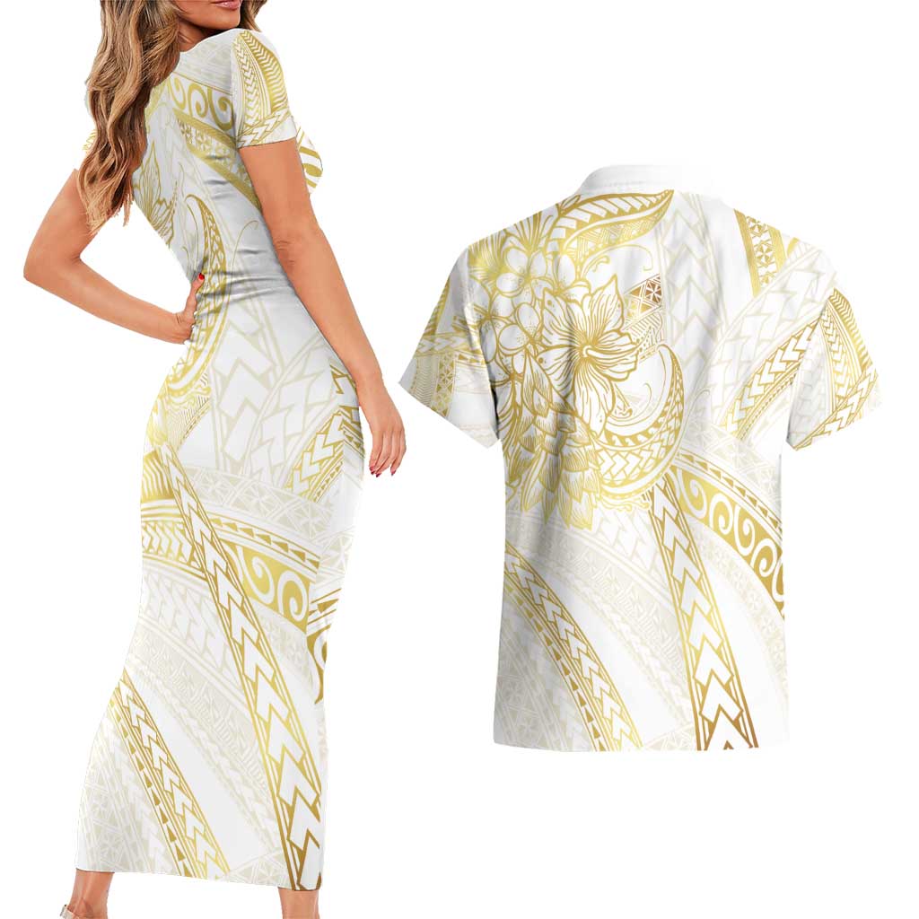 Samoa Lotu Tamaiti Gold Couples Matching Short Sleeve Bodycon Dress and Hawaiian Shirt Teuila Tatau - Polynesian Pride