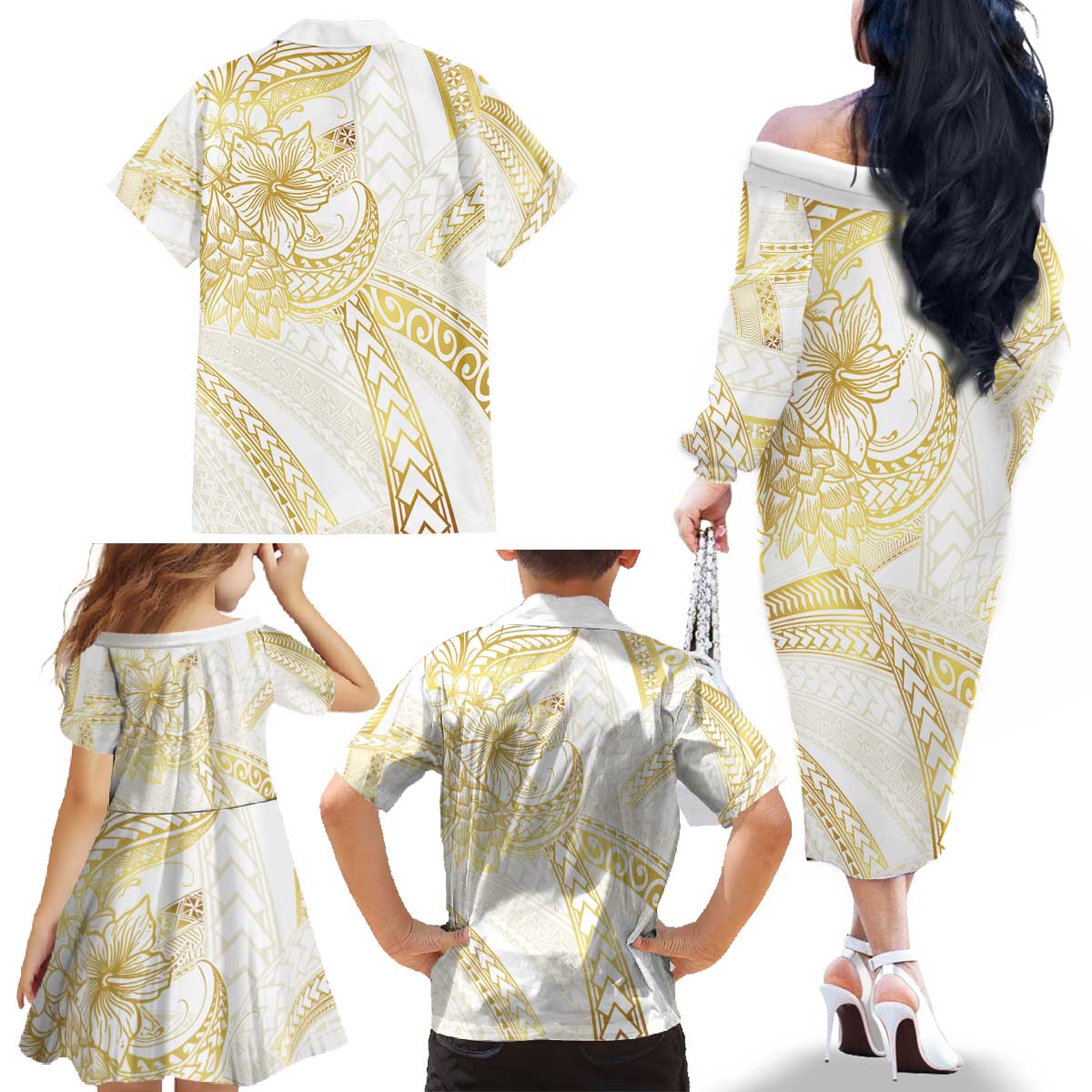 Samoa Lotu Tamaiti Gold Family Matching Off The Shoulder Long Sleeve Dress and Hawaiian Shirt Teuila Tatau - Polynesian Pride