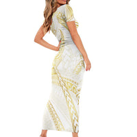 Samoa Lotu Tamaiti Gold Short Sleeve Bodycon Dress Teuila Tatau - Polynesian Pride