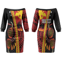 Papua New Guinea Independence Personalised Couples Matching Off The Shoulder Long Sleeve Dress and Hawaiian Shirt PNG Bagi and Lime Pot LT7 - Polynesian Pride