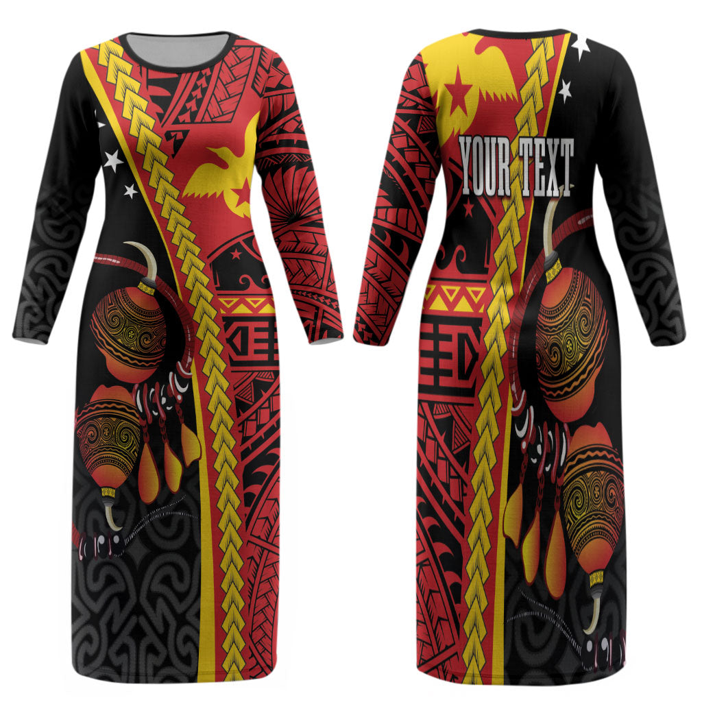 Papua New Guinea Independence Personalised Family Matching Long Sleeve Bodycon Dress and Hawaiian Shirt PNG Bagi and Lime Pot LT7 Mom's Dress Black - Polynesian Pride