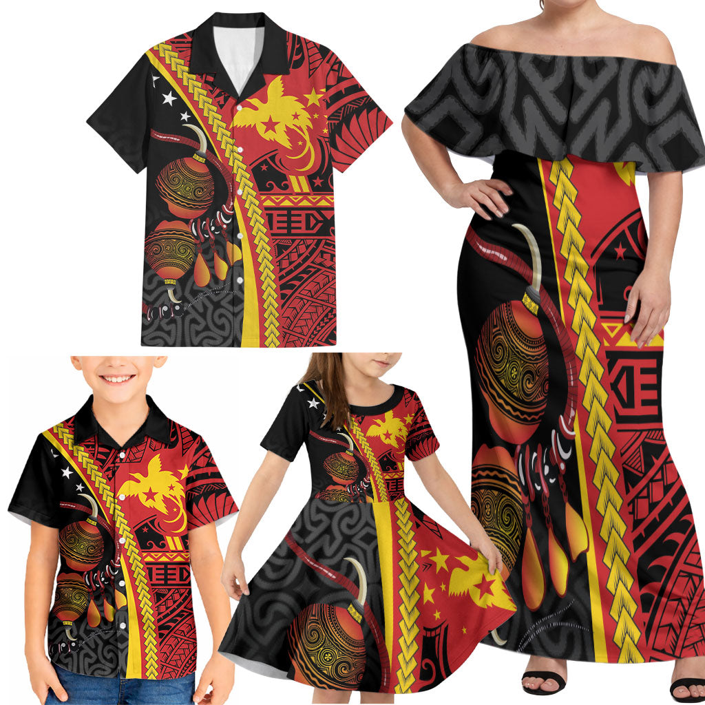 Papua New Guinea Independence Personalised Family Matching Off Shoulder Maxi Dress and Hawaiian Shirt PNG Bagi and Lime Pot LT7 - Polynesian Pride