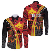 Papua New Guinea Independence Personalised Family Matching Puletasi and Hawaiian Shirt PNG Bagi and Lime Pot LT7 Dad's Shirt - Long Sleeve Black - Polynesian Pride