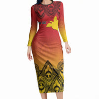 Papua New Guinea 1975 To The Future Personalised Long Sleeve Bodycon Dress Sepik Masks LT7 Long Dress Red - Polynesian Pride