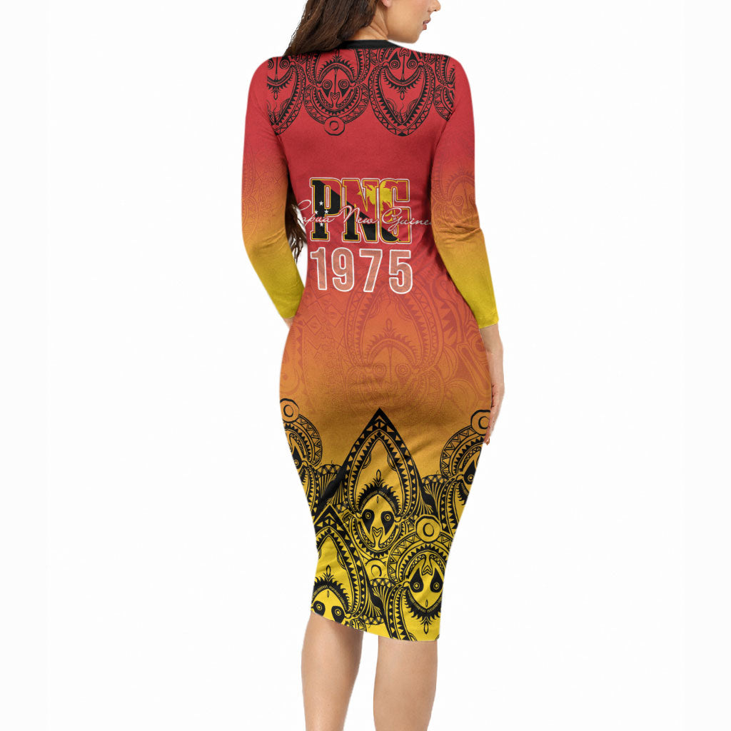 Papua New Guinea 1975 To The Future Personalised Long Sleeve Bodycon Dress Sepik Masks LT7 - Polynesian Pride