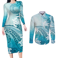 Polynesia Turtle Couples Matching Long Sleeve Bodycon Dress and Long Sleeve Button Shirt Watercolor Abstract Style