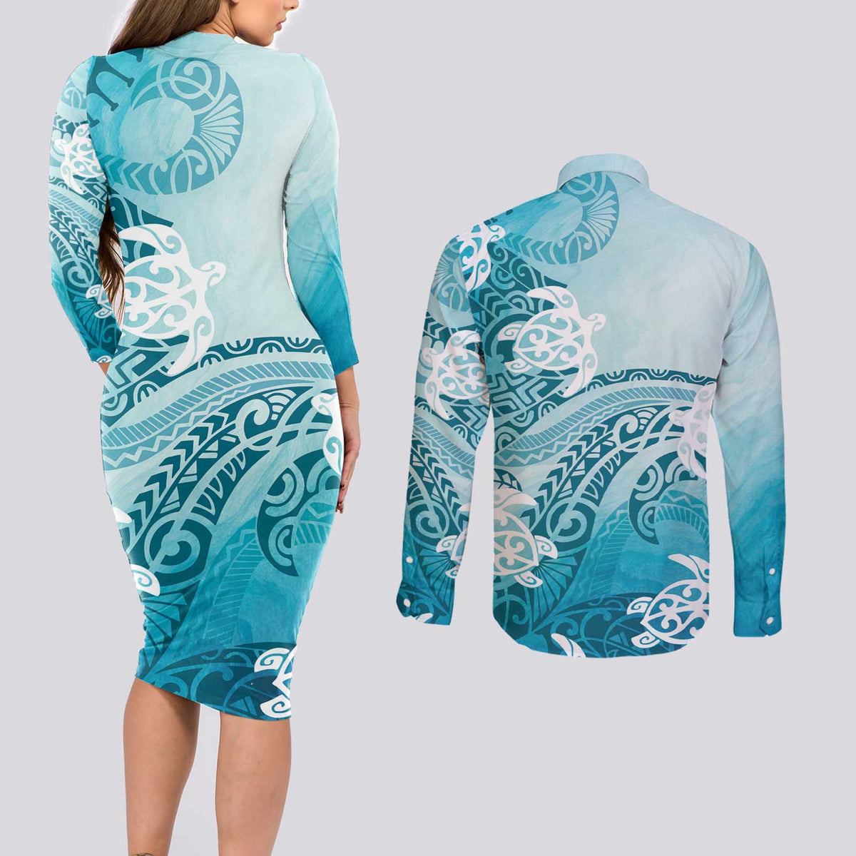 Polynesia Turtle Couples Matching Long Sleeve Bodycon Dress and Long Sleeve Button Shirt Watercolor Abstract Style