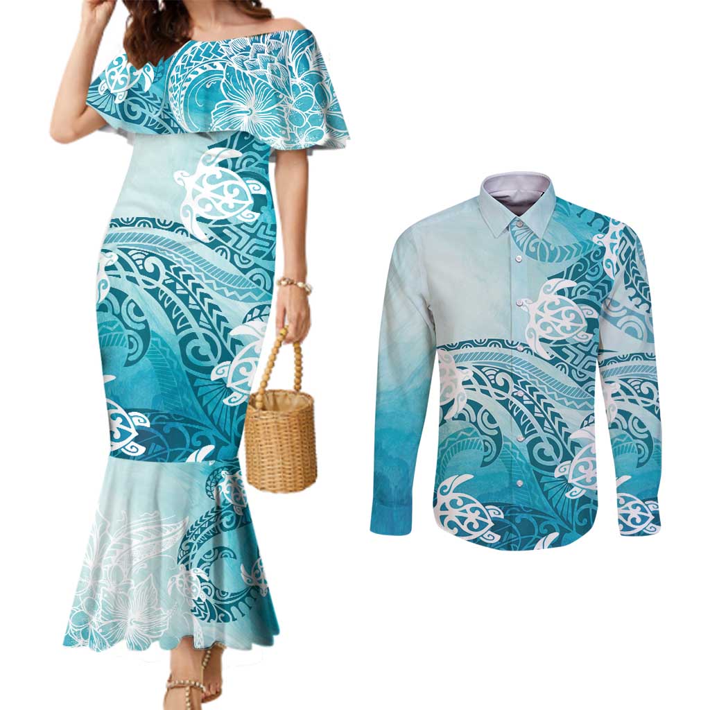 Polynesia Turtle Couples Matching Mermaid Dress and Long Sleeve Button Shirt Watercolor Abstract Style
