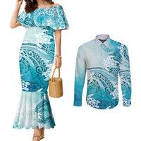 Polynesia Turtle Couples Matching Mermaid Dress and Long Sleeve Button Shirt Watercolor Abstract Style