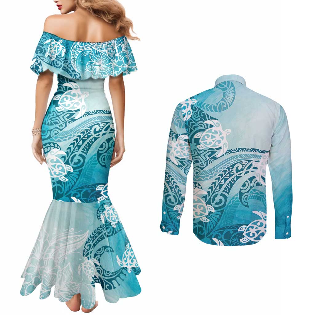 Polynesia Turtle Couples Matching Mermaid Dress and Long Sleeve Button Shirt Watercolor Abstract Style